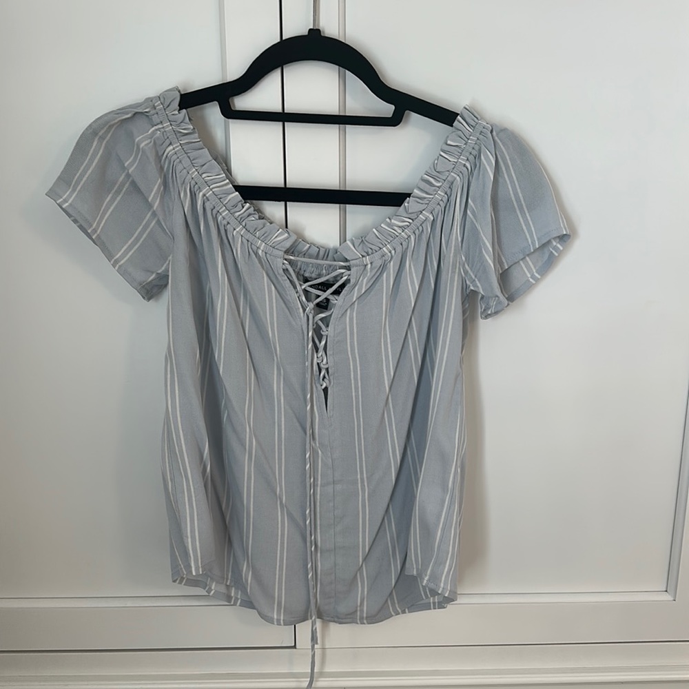 Kendall & Kylie Blue and White Off the Shoulder Top